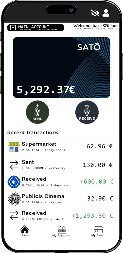 SATO app interface displaying account balance, recent transactions, and options to send or receive funds