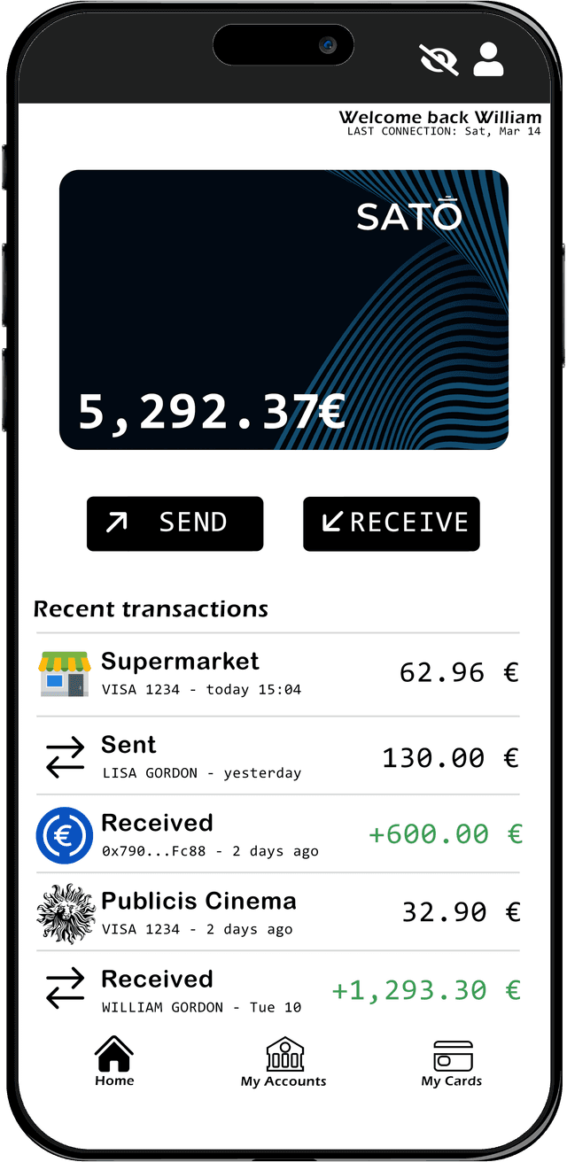Die Benutzeroberfläche der SATO-App zeigt den Kontostand, die letzten Transaktionen sowie Optionen zum Senden und Empfangen von Geldbeträgen an