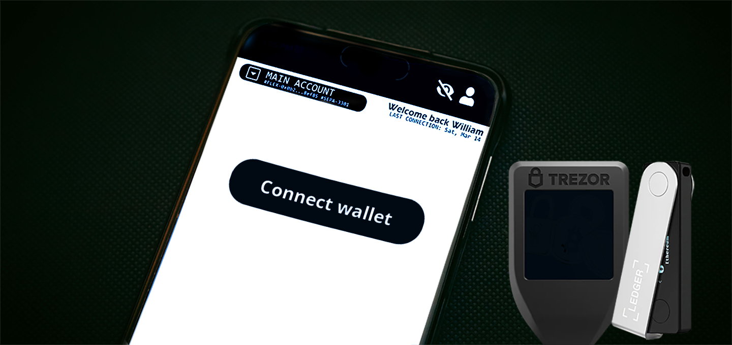Smartphone displaying SATŌ app with 'Connect wallet' button, next to Trezor and Ledger hardware crypto wallets on a dark background